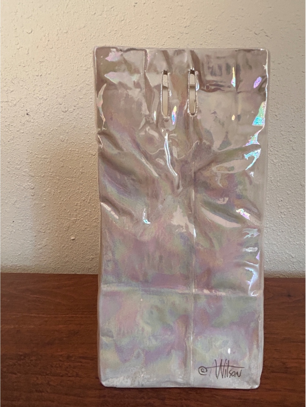 Iridescent Ceramic Vase Vintage signed “Wilson” lunch bag iridescent vase 10”